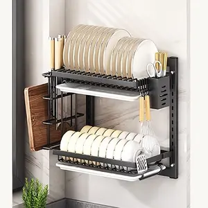 2-Tier Adjustable Wall-Mounted Dish Drying Rack with Hooks & Drain Trays - Heavy-Duty Metal Space-Saving Kitchen Organizer for Small Kitchens, Over-Sink Use, Utensil Storage, Rust-Resistant, Adhesive/Screw-Mount, Black & White Design