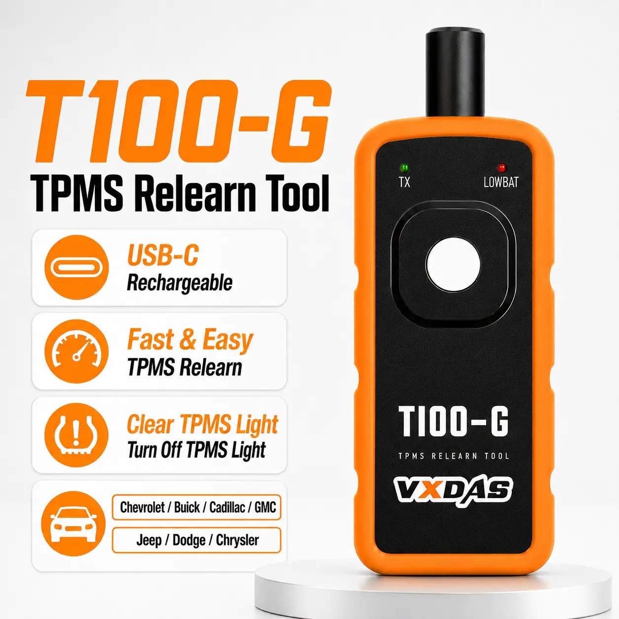 [For GM Jeep Dodge Chrysler]VXDAS T100-G TPMS Relearn Tool, USB-C Rechargeable Tire Pressure Sensor Activation Tool for Select Chevrolet, Buick, Cadillac, GMC, Jeep, Dodge & Chrysler Vehicles