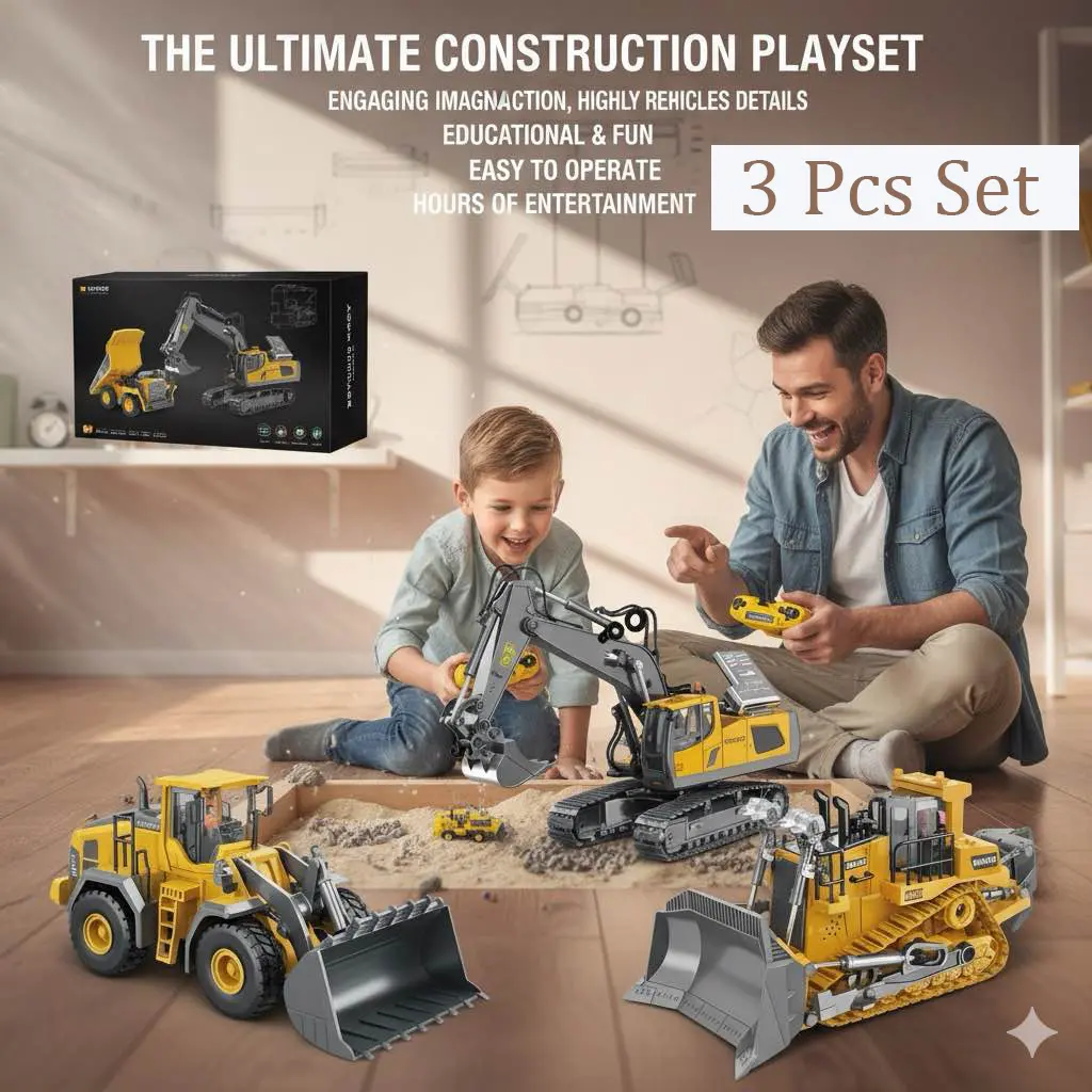 Unisex 3pcs Durable 2.4G 11-Channel Alloy-Plastic RC Controlled Construction Vehicle Set - Excavator, Dump Truck, Bulldozer, Electric Remote Control Trucks Kids' Transport Toy with Cells