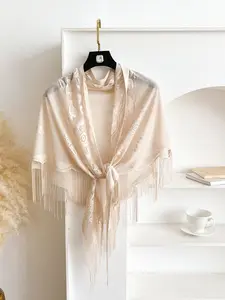 New Women's Fashion Triangle Shawl, Semi-Transparent Chiffon Fabric, Breathable and Skin-Friendly, Sun Protection Beach Scarf, Fringe Trim Shawl