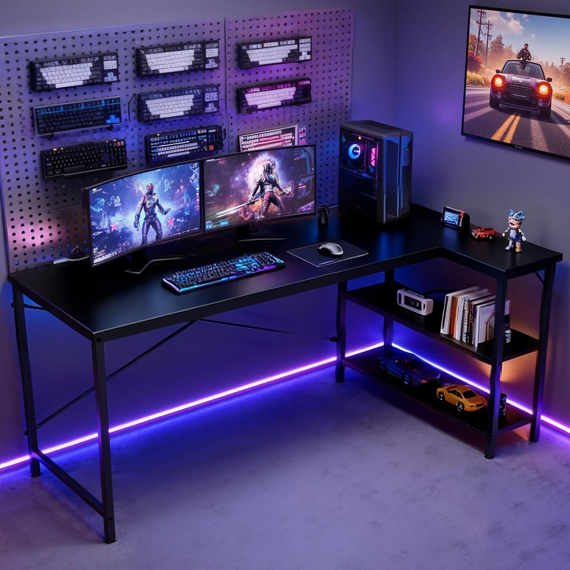 L-Shaped Desk Computer Gaming Furniture with Reversible Storage Shelves for Home Office PC Table Large Workspace Robust Stability Adjustable Feet
