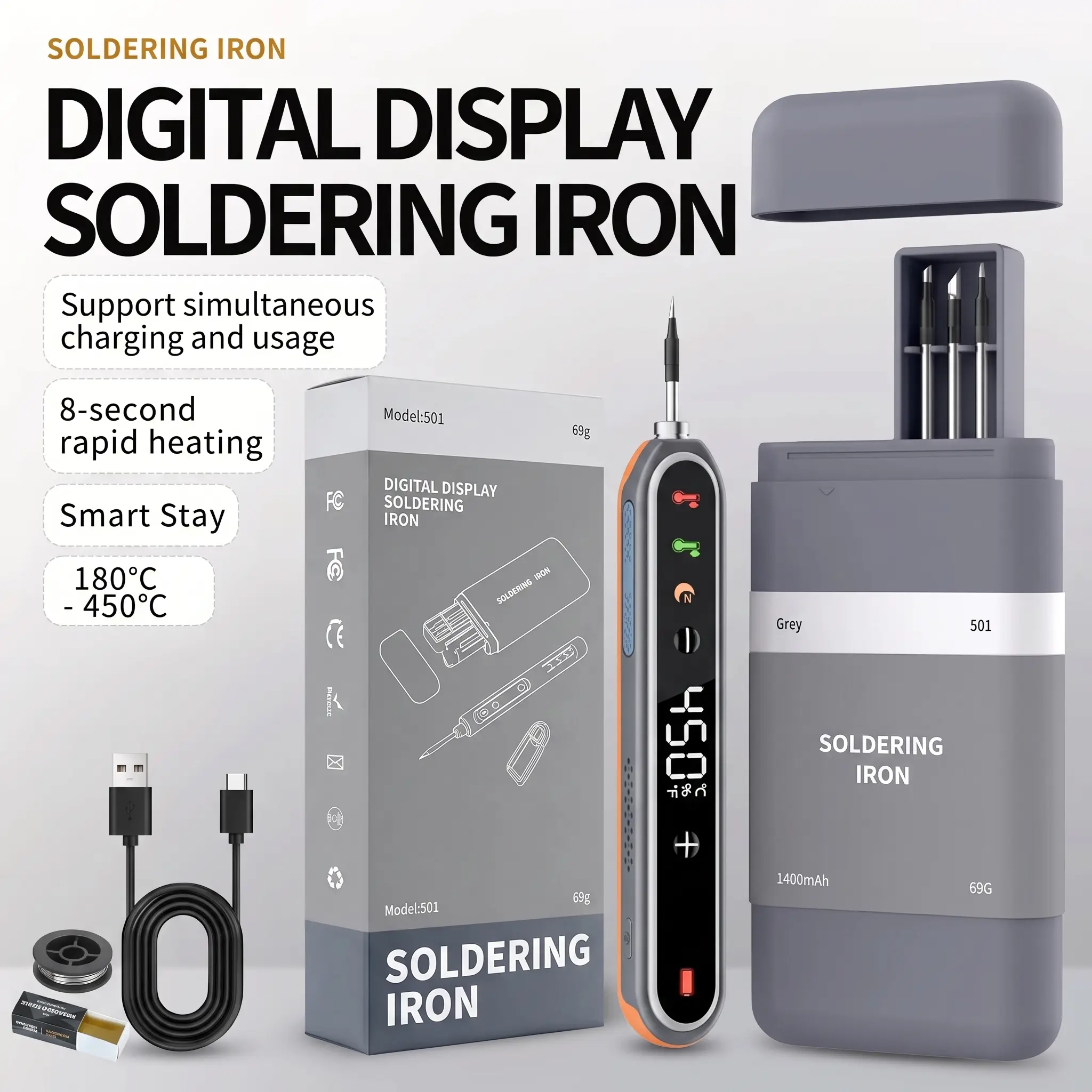 Portable Cordless Soldering Iron Kit - 8s Fast Heat-Up, 1400mAh Type-C Rechargeable, 180~450℃ Adjustable Temp, 3 Replaceable Tips, Wireless Solder Pen for Electronics, DIY Projects, Crafting, 8-Second Fast Heat-Up, Quick Heating, Cordless Design, Adjustab