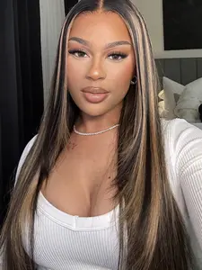 4x4 Natural Look Human Hair Natural Texture Drawstring Wig, Adjustable Cap Size HD Lace Closure Wig Highlights TP2/27 Layered Cut Pre-Bleached Pre-Cut Lace
