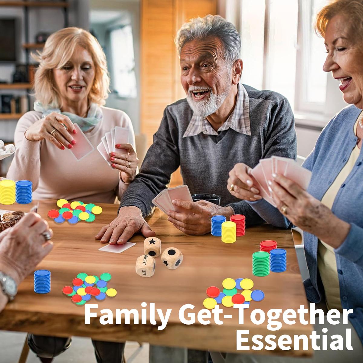 48+3 PCS Left Right Roll Dice Game Set - 3 Wooden Dice & 48 Chips in Wooden Box | Portable Travel Party Game for Family, Friends, Adults (Wood)