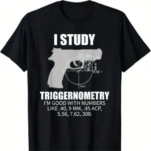 Humorous Triggernometry Pistol & Trig Graph Graphic Cotton Short Sleeve T-Shirt - Round Neck Unisex Tops Tees T-Shirts