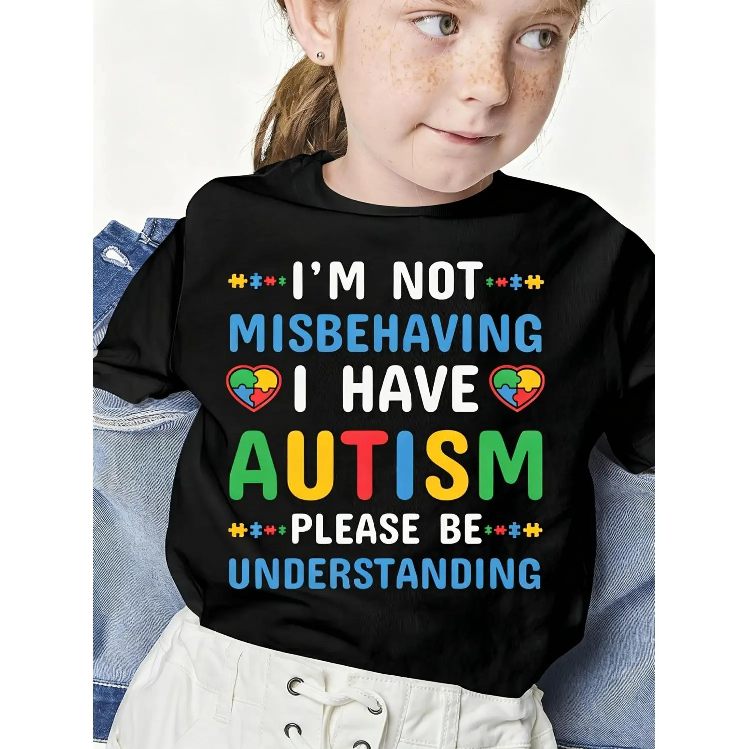 Cute Kids Clothes Girls Short Sleeve T-Shirt with Autism Awareness Puzzle Heart Print, Colorful I Have Autism Understanding Message Tee for Neurodiversity Support, Soft Summer Top for Young Girls
