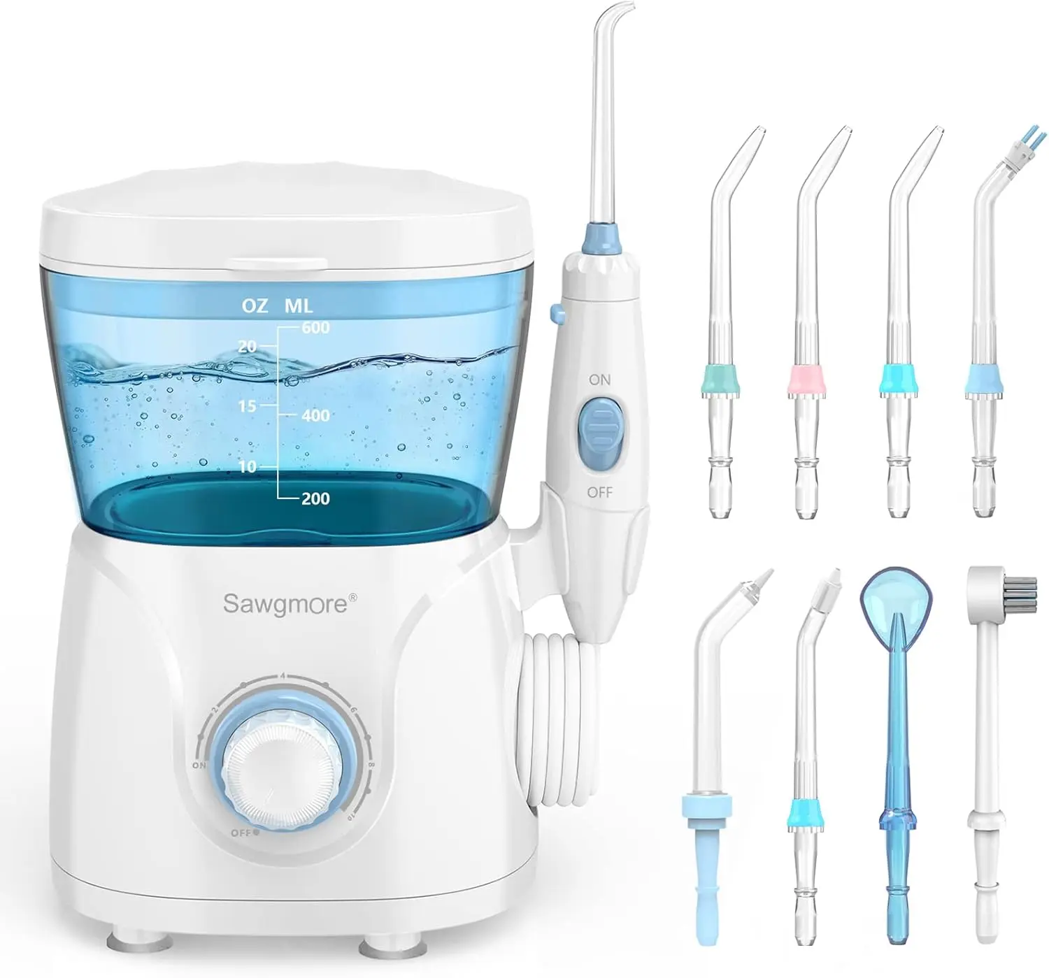 Sawgmore Water Flosser Oral Irrigator, 600 ml Large Capacity, 10 Adjustable Pressures, Electric Flosser for Teeth/Braces, 8 Home Nozzles Oral Irrigator