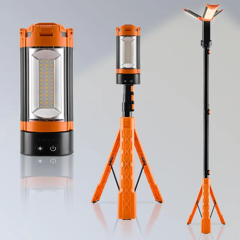 Rechargeable 10,000 mAh camping light with stand, up to 65 ft height; cordless work light with three LED lamp heads; 2,200-lumen camping essential emergency flashlight with detachable tripod