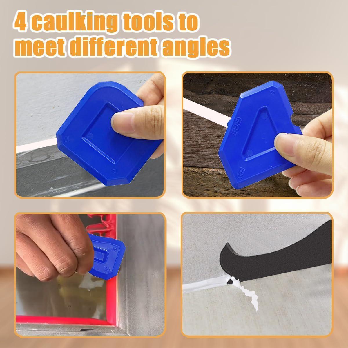 Caulking Tools Kits 9pcs in Pack, 3in1 Silicone+Stainless Steelhead,Sealant Finishing Tool Grout Scraper,Reuse and Replace 5 Silicone Pads,Great Tools for Kitchen Bathroom Window,Sink Joint