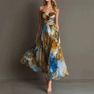 Women Bohemian Watercolor Ink Print Chiffon Midi Dress, Thin Spaghetti Straps Twist V Bust Lined Flowy A-Line Dress For Wedding Guest Formal Party