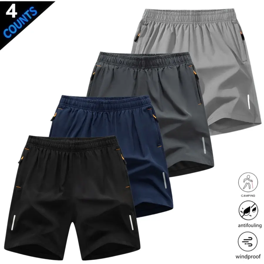 Men’s quick dry athletic shorts featuring four reflective stripes, zipper closure, and drawstring waist; side zip pockets paired with orange interior details enhance practicality and visual contrast. Side reflective stripes improve nighttime visibility an