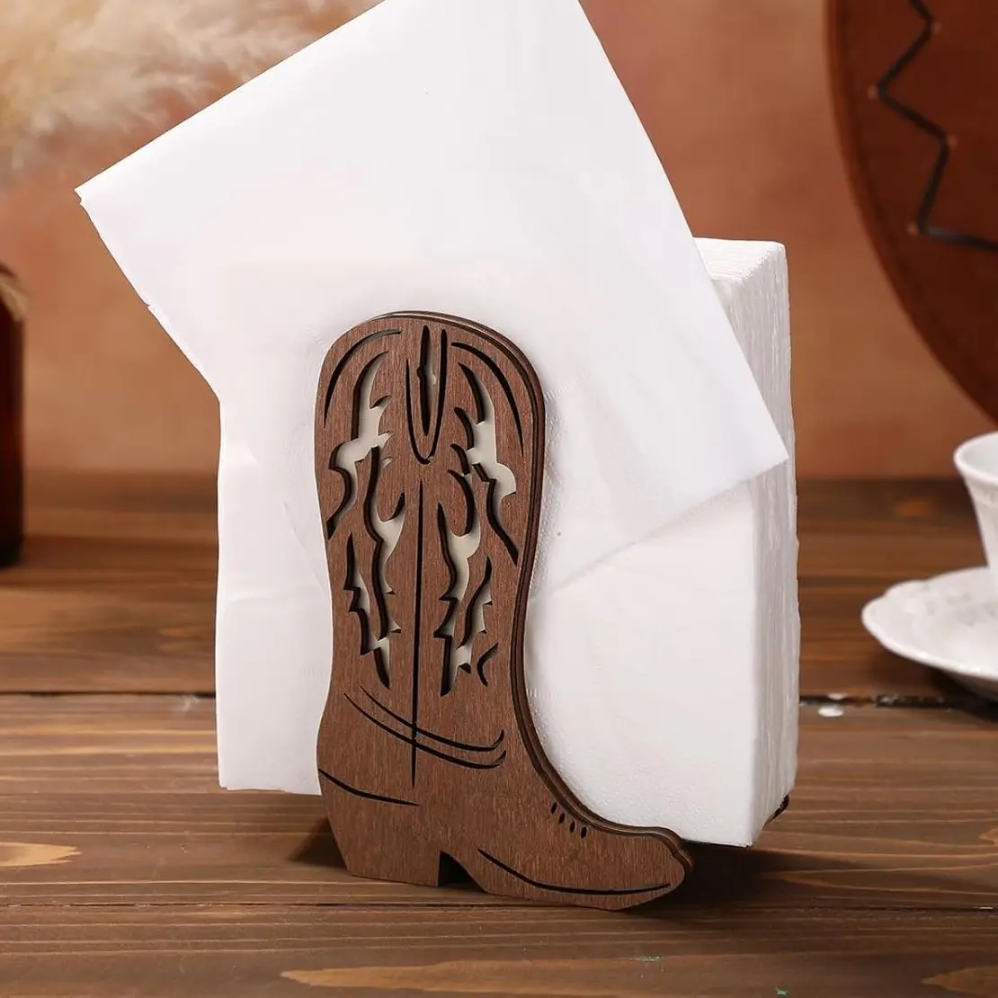 Western Cowboy Boot Napkin Holder, Rustic Wooden Stand, Open Top Design, Stable Base, Perfect for Kitchen, Farmhouse, Party Decor, Bathroom Organizing Accessories, Bathroom Organizer Accessories