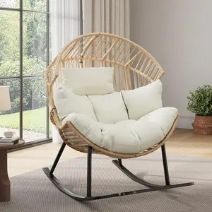 [NEW PRODUCT - FLASH SALE] Garvee Wicker Rocking Egg Chair/Wicker Egg Chair, Oversized Ergonomic Rattan Lounge Rocker with Extra-Soft Pillow and Thick Cushion for Indoor & Outdoor, Living Room, Backyard & Garden – Cream Cushion, Natural Wicker Frame