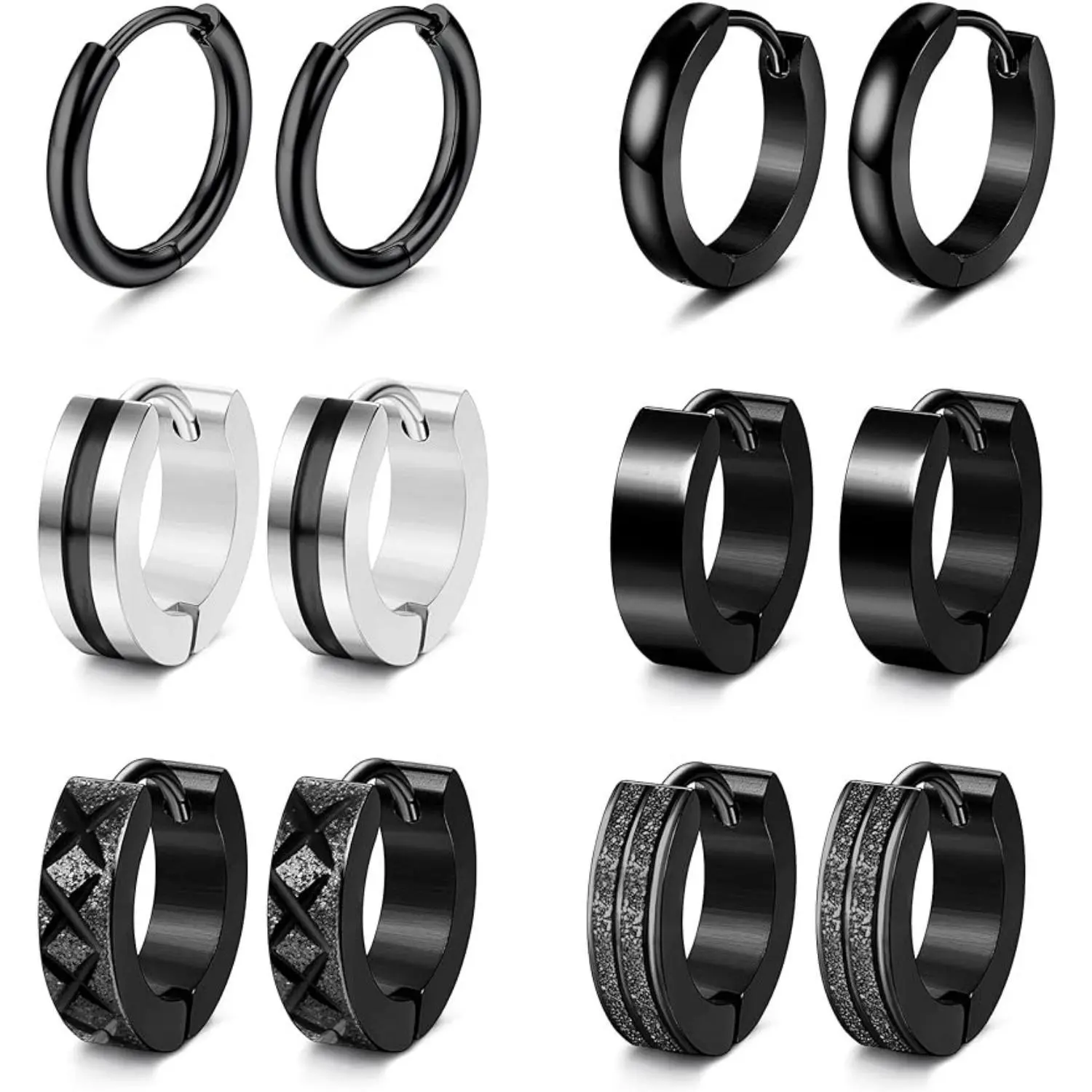 Cassieca Unisex 6-Pair Stainless Steel Earrings Set - Classic Small Hoops, Helix Piercing Sleepers, Dome, Black Styles, Sleep-Safe Jewelry for Men/Women, Men's Accessories
