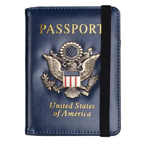 RFID Blocking Passport Holder for Women Men, Leather Passport Travel Wallet with Metal 3D Metal Badge, Travel Document Holder Cover Accessories (Dark Blue)