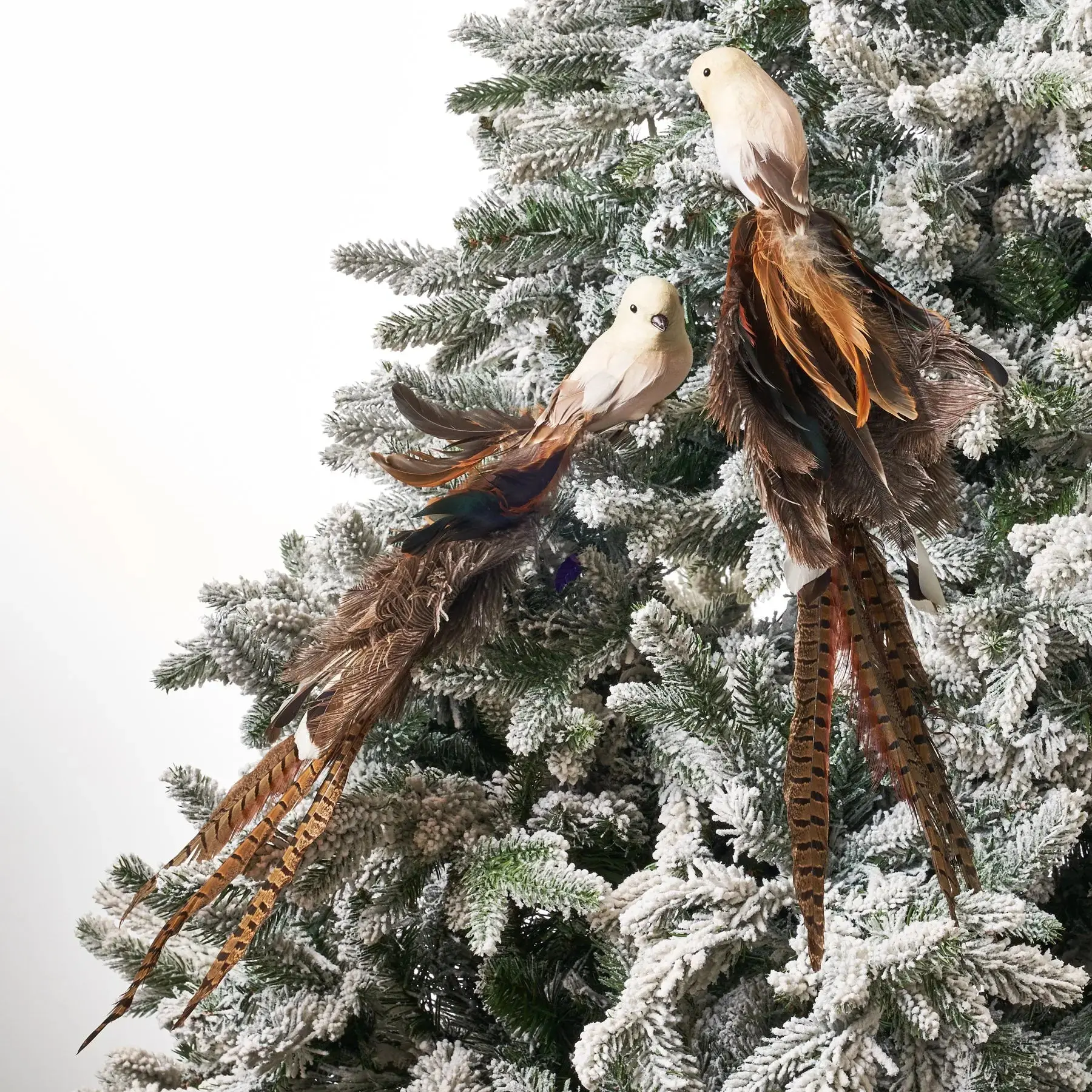 Handmade Large Cream, Brown & Grey Real Ostrich Feather Clipped-On Bird Decorations Set - 20.5in L x 9in W x 2.5in H, Set of 2 Left & Right Ornaments for Christmas Tree Home Festive Decor