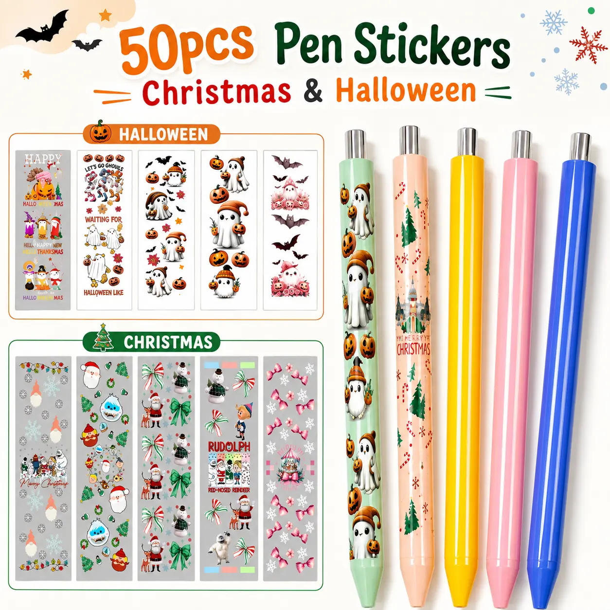 50pcs Holiday UV DTF Pen Wrap Sticker Set - 25pcs Christmas, 25pcs Halloween Ghosts/Pumpkin Decals for DIY Pens, Pencils, DTF Vinyl Holiday Craft Projects