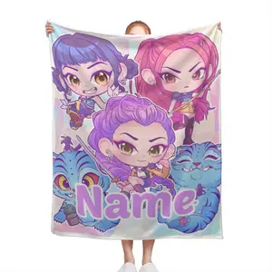 Kpop Themed Blanket With Custom Name & Personalized Design - Soft Flannel All-Season Cozy Throw For Sofa, Bed, Office - Vibrant Character Artwork With Custom Text, Bedding Accessory, Durable Fabric