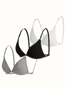 Women's Plain Wireless Triangle Bra, Adjustable Strap Backless Bralette, Soft Comfortable Lingerie Top for All Seasons
