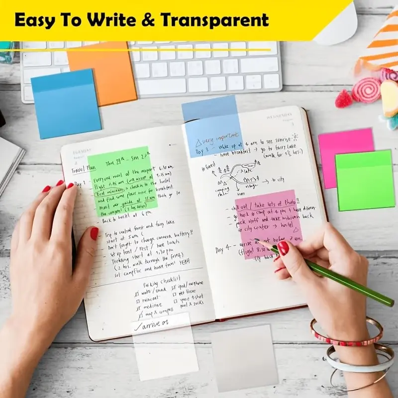 300pcs Transparent Sticky Notes, 3x3 Inches, Self-Adhesive Semi-Transparent, 6 Books, Bright Colors, Versatile Writing Office School University Supplies, Organization