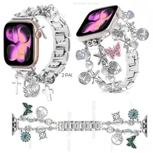 Pearl Bead Sparkling Strap Compatible with Apple Watch 49/46/45/44/42/(11/10)41/40/38mm Women's, Stylish Metal Cuban Chain with Lock Key Pendant, Suitable for iWatch Series 11 10 9 8 7 6 5 4 3 SE Ultra 3 Bracelet with Pendant Smart Watch Accessories