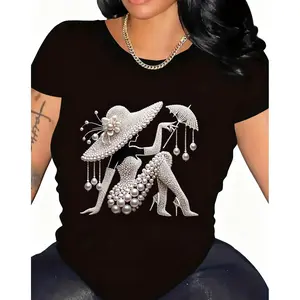 Elegant Women's Pearl Floral Printed Cotton TShirt Featuring Shiny Details for Casual Wear in All Seasons