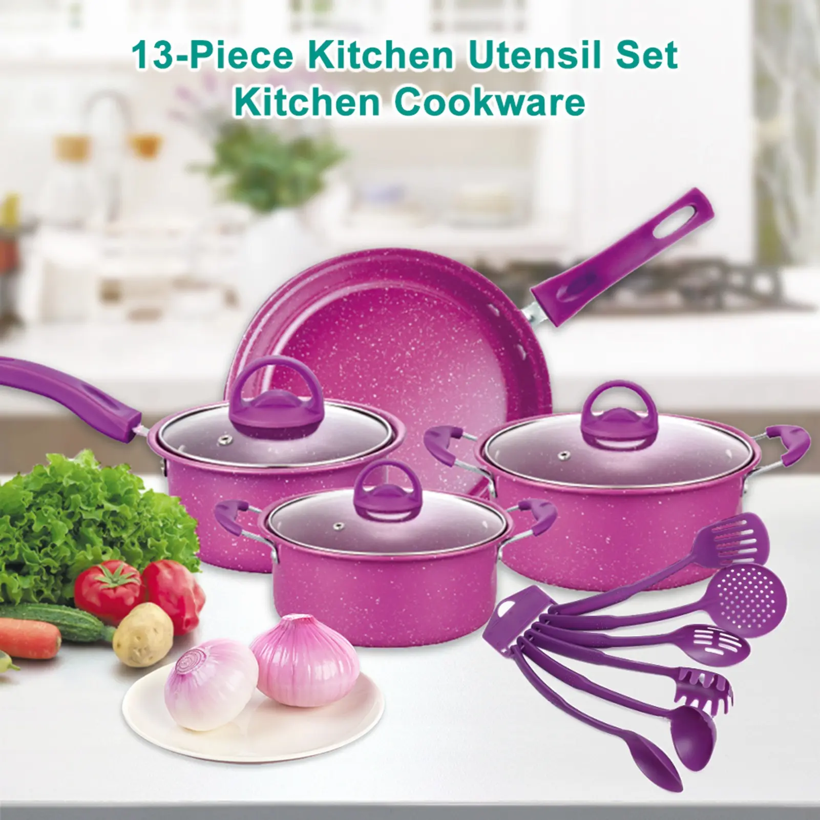 13PCS Nonstick Cookware Set Medical Stone Coating Ergonomic Handle Cooking Set with Milk Pot Soup Pot Frying Pan Stew Pot