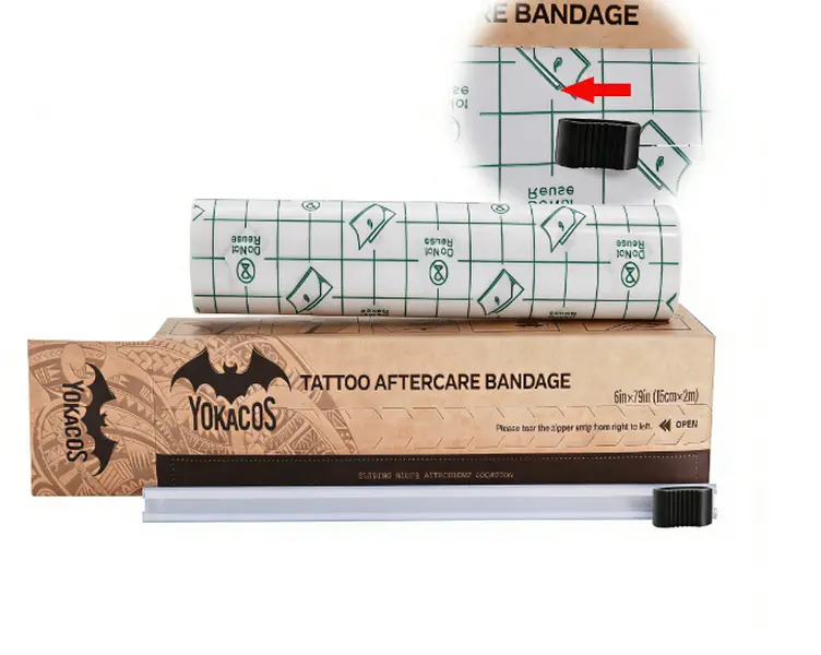 YOKACOS Tattoo Aftercare Bandage Roll with Sliding Cut Second Skin Cover Protection Transparent Waterproof Breathable Stretch 6x2.2 Yards 8x2.2 Yard 10x2.2 Yard, Slide Cut Strip, Stretchable