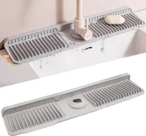 24 Inch Silicone Faucet Splash Guard, Water Draining Sink Mat, Kitchen Counter Protector, Anti-Slip Drain Pad, Fasten Button Design, Gray Sink Cover for Bathroom or RV Use