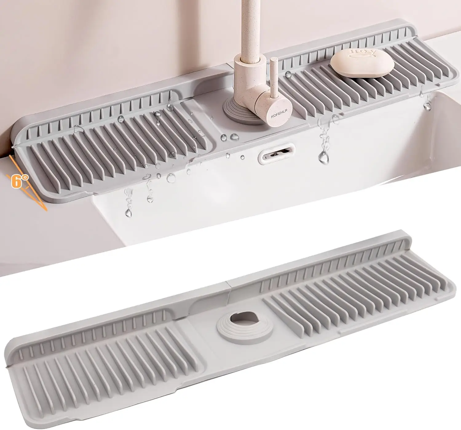 24 Inch Silicone Faucet Splash Guard, Water Draining Sink Mat, Kitchen Counter Protector, Anti-Slip Drain Pad, Fasten Button Design, Gray Sink Cover f