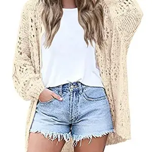 Women's Lightweight Crochet Knitting Cardigan, Long Sleeve Open Front Oversized Top - Minimalist Basic Casual Sweater
