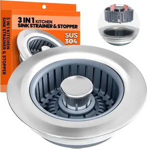 Kitchen Sink Drain Strainer - Upgraded Kitchen Sink Stopper,Sink Stopper Kitchen Drain,Stainless Steel Drain Plug with Anti-Clog Basket Drain Stopper Combo,For Standard 3-1/2'' Drain,Grey Nipoko