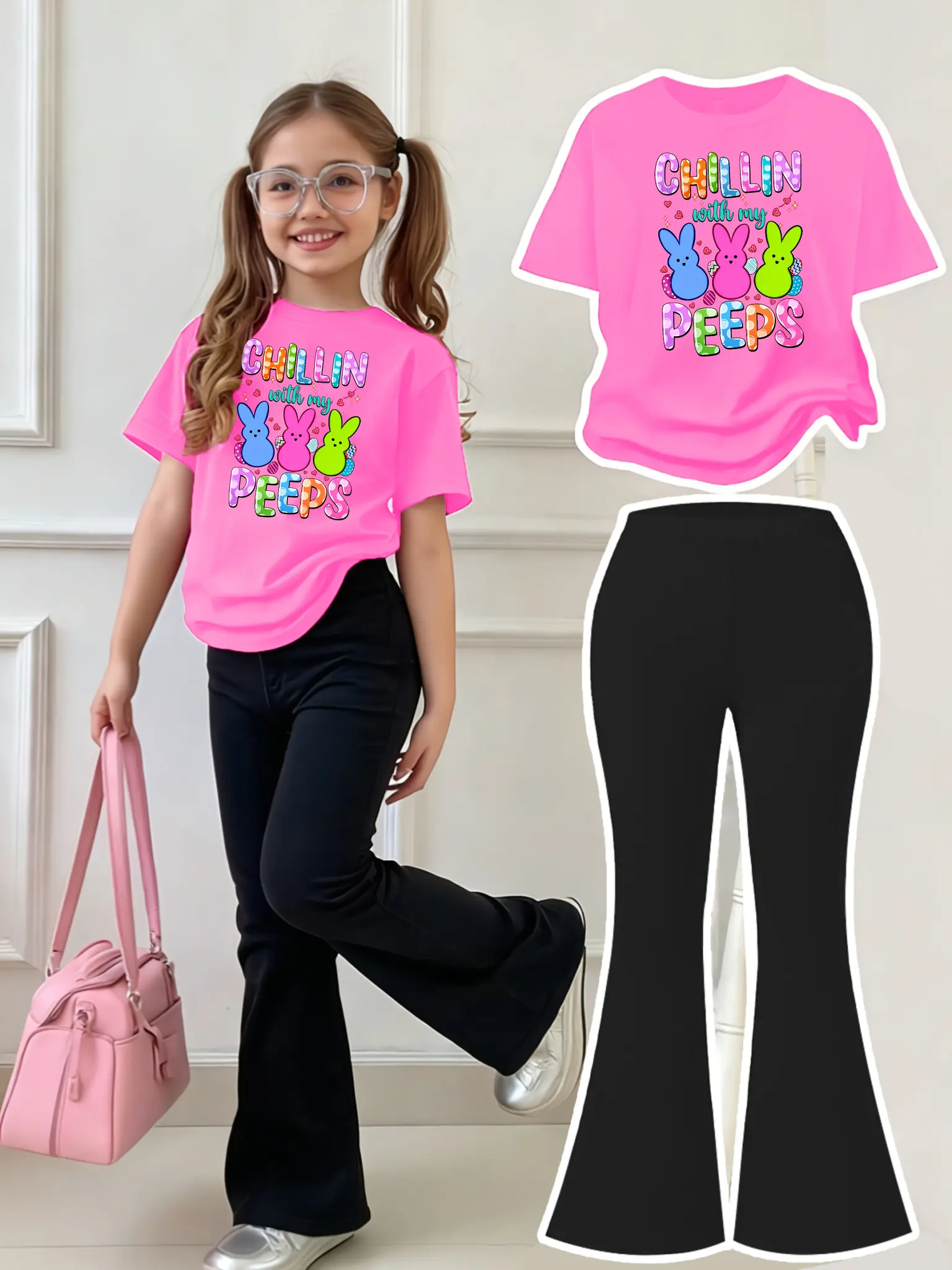 Easter 2PCS Girls Tshirt & Pants Set Chillin With My Peeps Print 100% Cotton Tshirt & 100% Polyester Bell Bottom Pants Ideal for Spring Summer Autumn Outfits Set Graphic Print Set