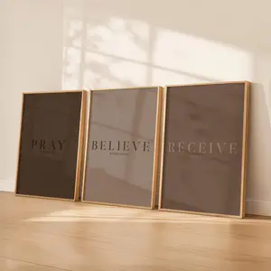 Pray Believe Receive Christian Wall Art Set | Neutral Brown Faith Prints | Modern Minimalist Scripture Decor | Printable Bible Verse Trio