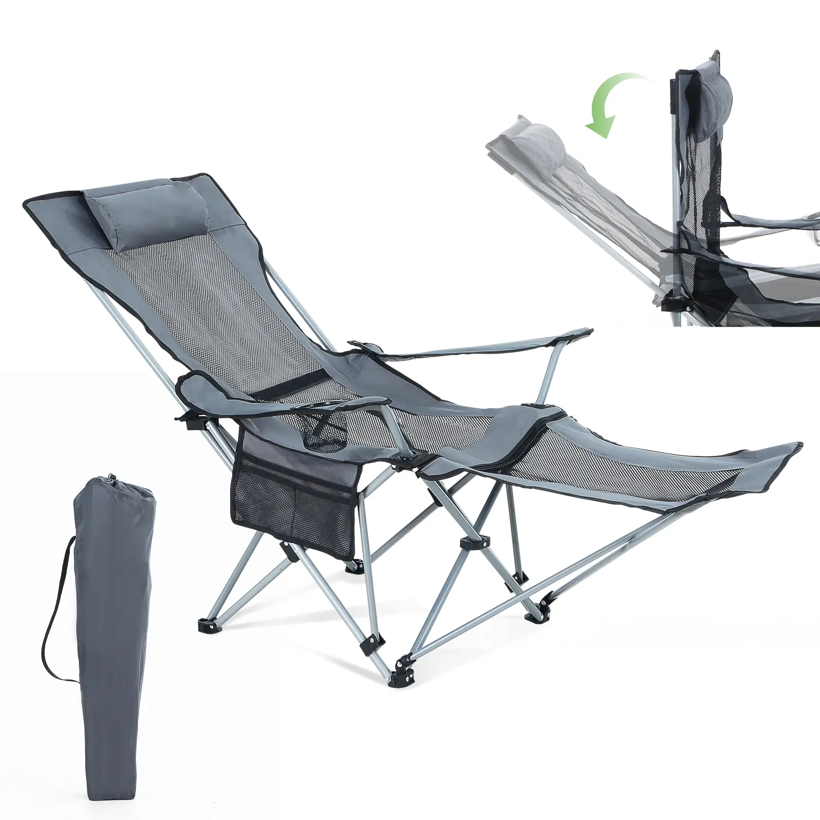 Reclining camping chair with foot rest and cup holder Reclining camping chair with foot rest and cup holder