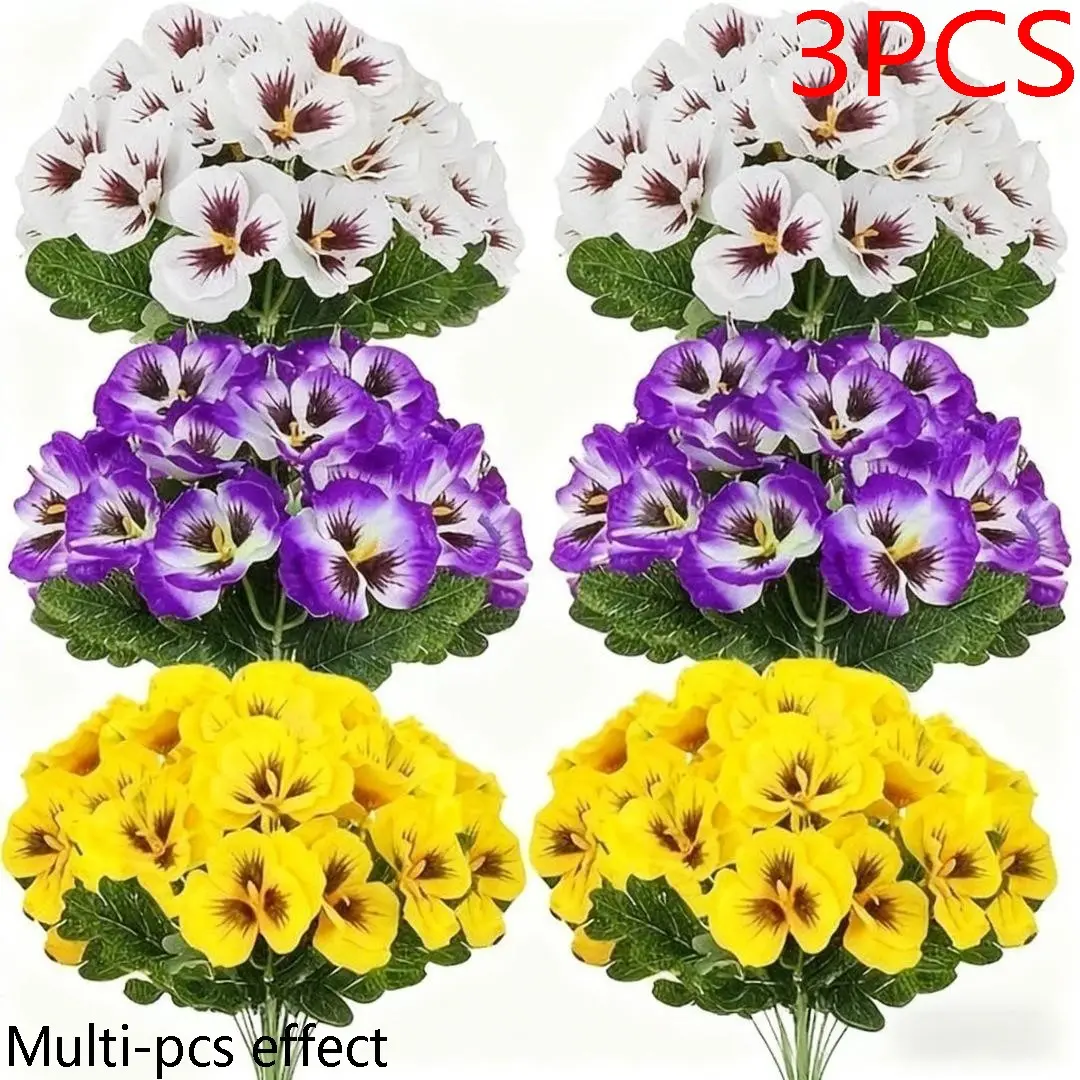 3pcs Set of 30 Pansy Artificial Flowers, Weather-Resistant Plastic Faux Flowers, Vintage-Style Floral Arrangement, Garden Decorative Flower for Garden, Balcony, Indoor/outdoor Decor, Artificial Flower Decorations, Artificial Flower Arrangements