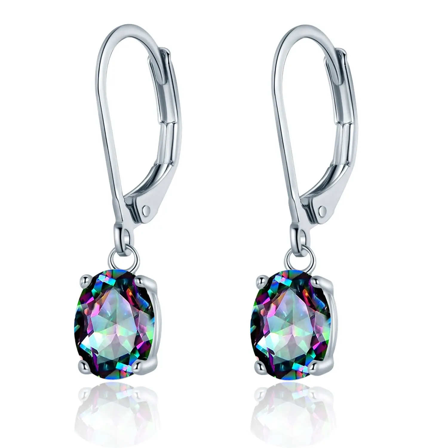 GEMSME Oval Cut Rainbow Cubic Zirconia/Round White Opal Leverback Earrings for Women, Hypoallergenic Dangle Jewelry Gifts, Comfort Fit Pierced Earrings