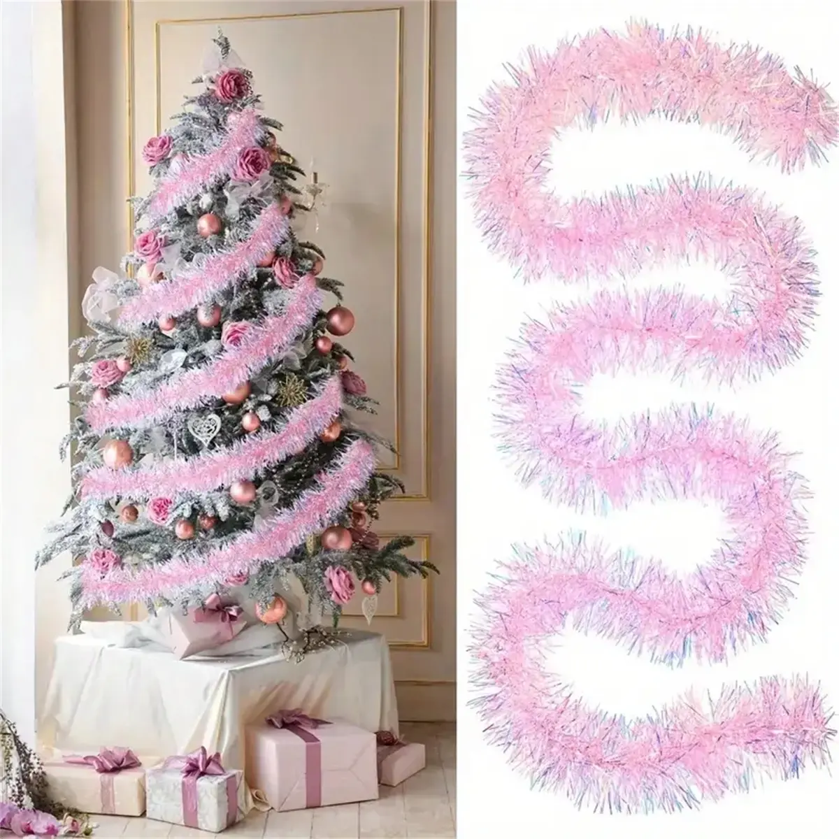 Pink Tinsel Garland for Christmas ,78.7" Pink Tinsel Garland Christmas Foil Tinsel Garland Decoration Metallic Banner Wall Hanging Tinsel Streamers Garland For Christmas Tree Birthday Party Decorations Led Star Light Led Neon Lights