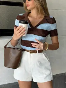 Women's Striped Color Block V Neck Sweaters  Elegant Casual Short Sleeve Lapel Collared Sweaters Chic Sexy Y2k Slim Fitted Lightweight Knit Tops Womenswear Knitwear Club Wear Going Out Street Wear Vocation Holiday Beach Fashion Summer Outfit Knit Design