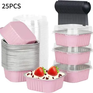 25-Piece Mini Cake Molds Set with Lids & Spoons, Aluminum Foil Square Brownie Baking Cups, Wedding Birthday Party Dessert Cups, Picnic BBQ Use