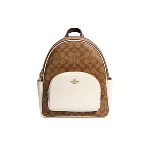 COACH Court 27 Color-Blocked Monogram Zip Canvas and Leather Backpack for Women, Medium Size, White and Brown