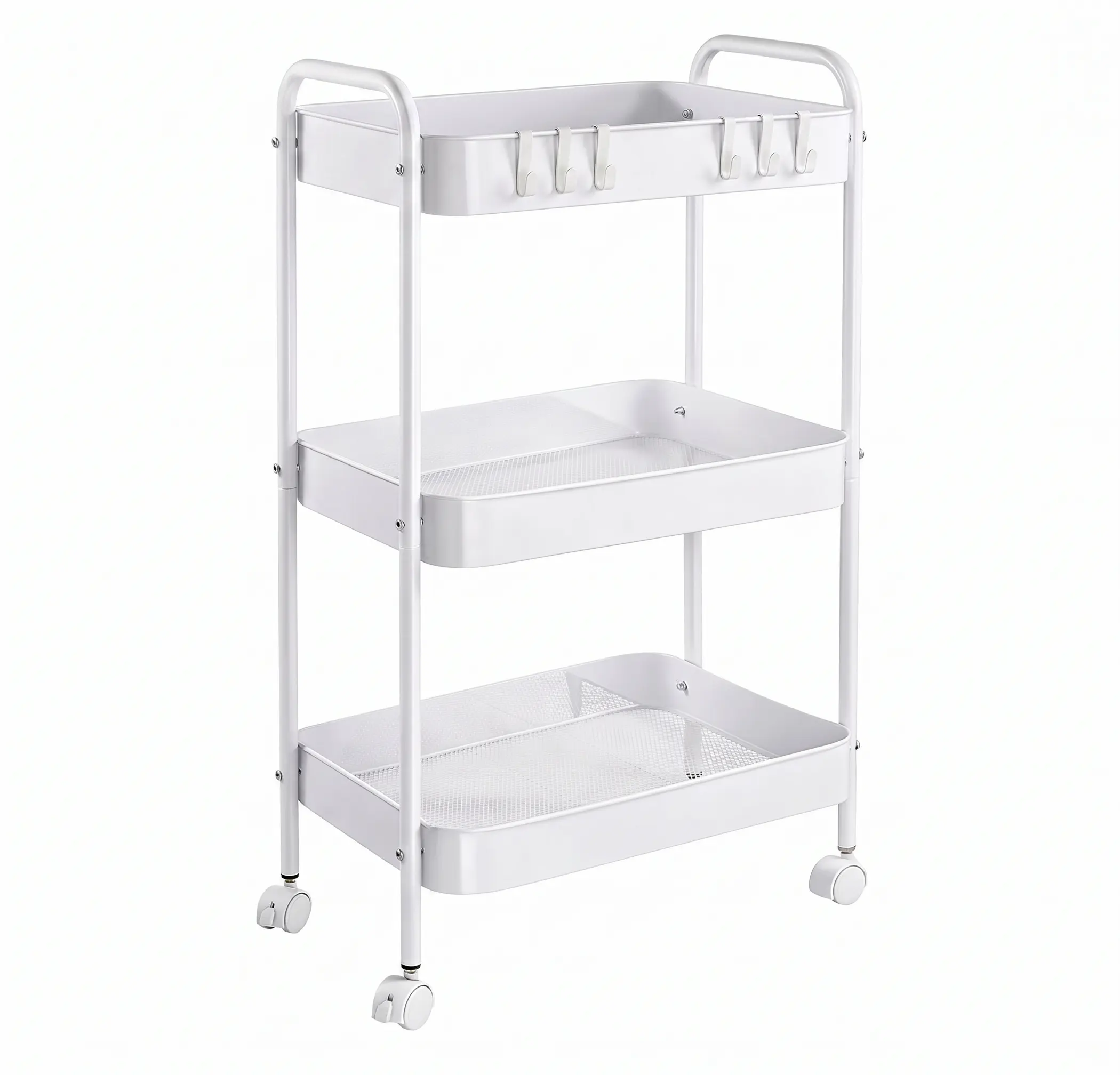 3-Tier Compact Storage Cart - Movable Rolling Rack for Organization, Organizer with 4 Smooth-Glide Wheels, 6 Movable Side Hooks, High Edges, Easy Water Cleaning for Kitchen, Bathroom Home Supplies, Storage Organization, Organizer Storage White Hanging