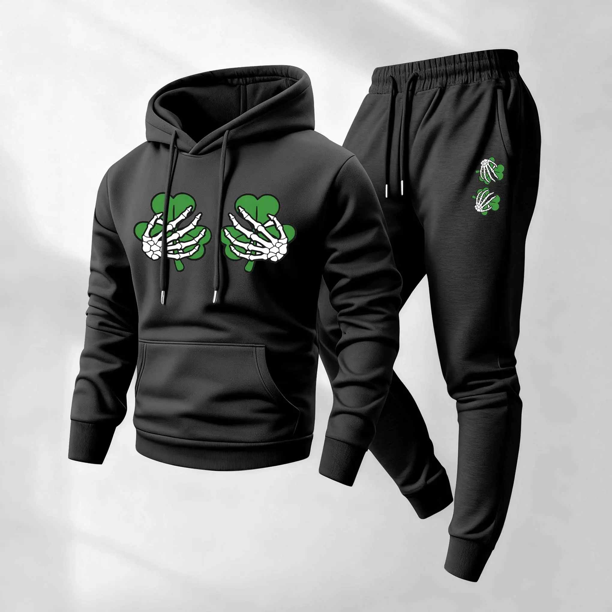 Men's 2-Piece Minimalist Saint Patrick's Day Letter Print Polyester Tracksuit - Long-Sleeve Breathable Hoodie, Loose Drawstring Sweatpants, Casual Athletic Wear for Fall Winter Daily Use