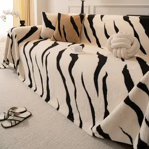 Striped Boho White Couch Cover for 2-3 Cushion Sofa, Fuzzy Plush Warm Sofa Slipcovers Sectional Sofas Covers, Non Slip Washable Furniture Protector Soft with Tassel,Winter 71''X134"