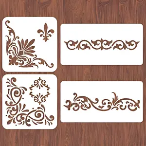 4PCS Corner Stencils for Painting Vintage Flower Border Stencil Large Square Lace Tile Stencil Reusable Damask Furniture Stencils for Wood Canvas Paper Fabric Floor DIY Craft