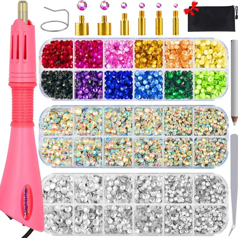 5000PCS Hotfix Rhinestone Kit with Applicator Wand, AB Crystal Clear Gems in 3 Sizes + Interchangeable Tips for Clothes, Fabric Crafts & Bedazzling bedazzled