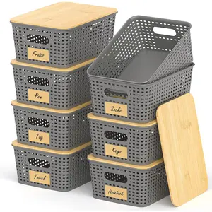 Stackable Storage Basket: Plastic Baskets Bins, Baskets for Organizing, Pantry Decorative Containers for Closets, Cabinets, Shelves(8 Pack, Grey)