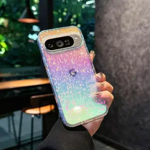 Rainbow Gradient Phone Case, Cellphone Accessories for Google Pixel 10 Pro XL/9 Pro XL, Anti-Drop Wireless Charging Support Transparent Glitter Fingerprint & Scratch Resistant Raised Lens Protection Strap