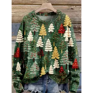 aviva christmas clothes   Women's Christmas Tree Print Pullover Sweater - Elegant Long Sleeve Round Neck Festive Design, Hand Wash Only, Fall And Winter Casual & Party Dress, Christmas Sweater faux leather jacket Chunky Knit Cardigan flannel shirt Crochet