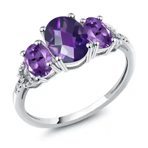 10K White Gold Oval Checkerboard Purple Amethyst and Diamond Accent 3-Stone Engagement Ring for Women | 1.75 Cttw | Three Stone Wedding Anniversary Gold Ring